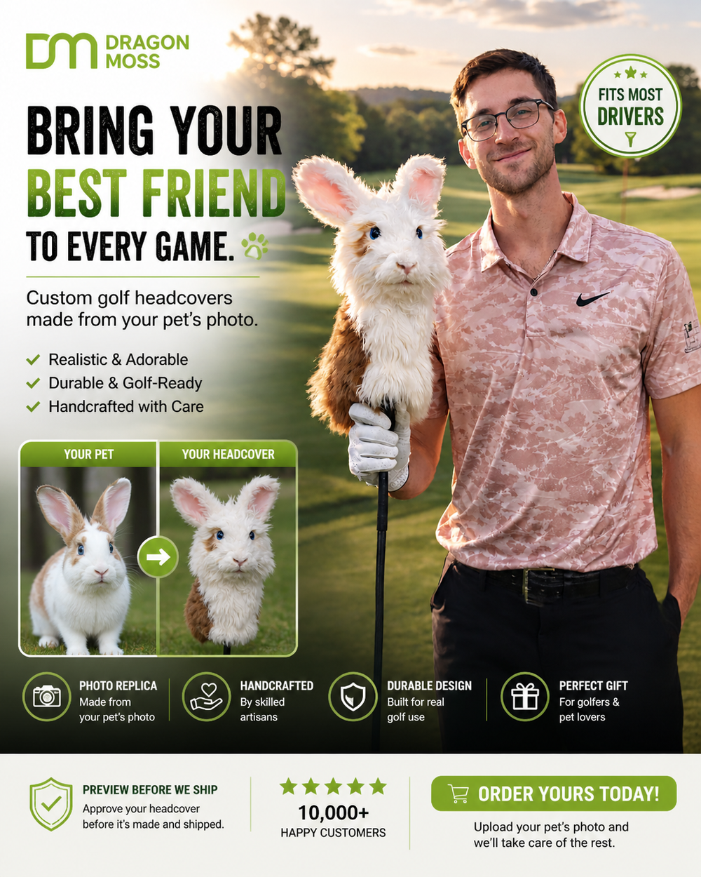 Golfer holding a custom rabbit golf headcover made from a pet photo