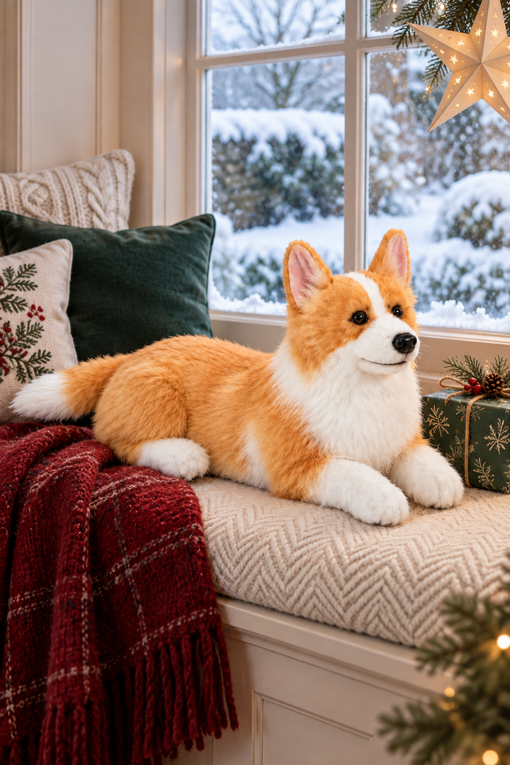 Corgi plush on a festive window seat