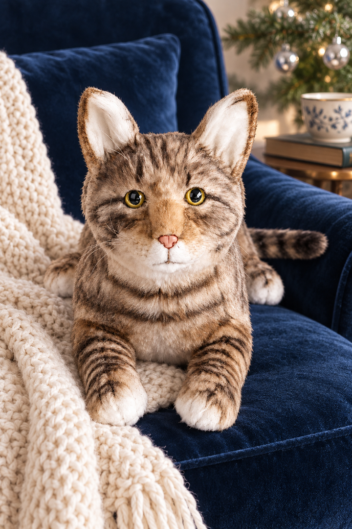 Brown tigrato gatto peluche su una poltrona blu