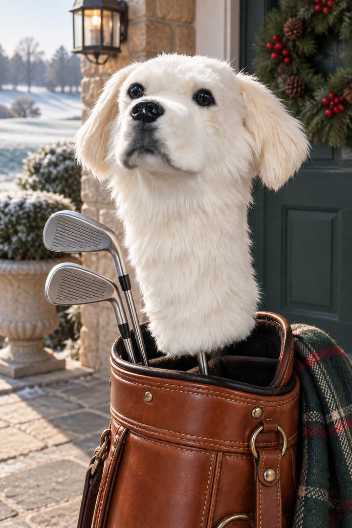 Bianco personalizzato cane golf copritesta da golf in un sacchetto di pelle su un portico d'inverno