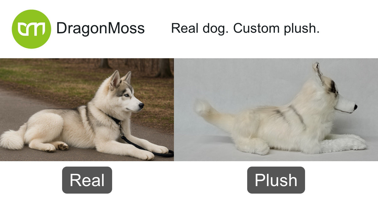 Grey-and-white dog in a lying side profile beside its custom plush, showing upright ears and back markings.