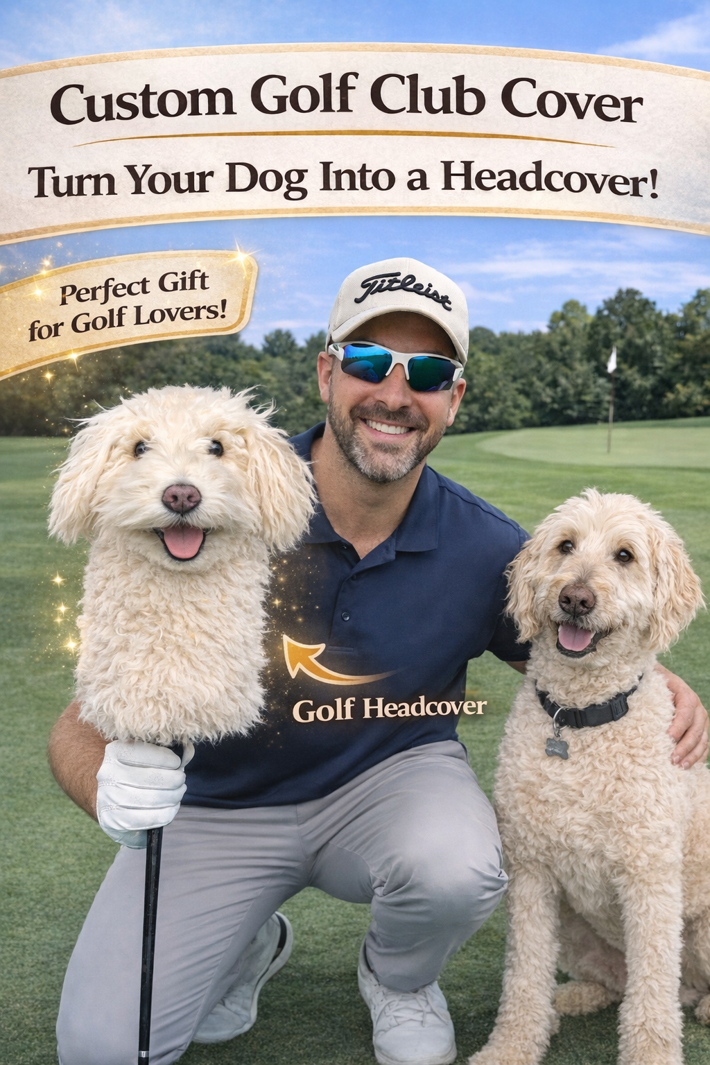 Golfer holding a custom pet golf headcover beside his dog