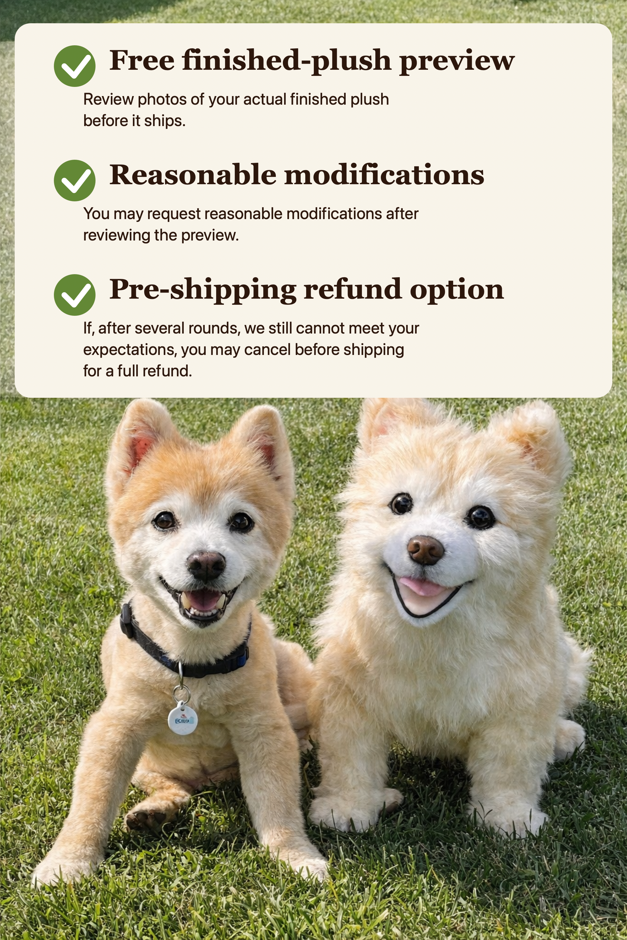 Free finished-plush preview, reasonable modifications, and pre-shipping refund option for HugTwin custom pet plush