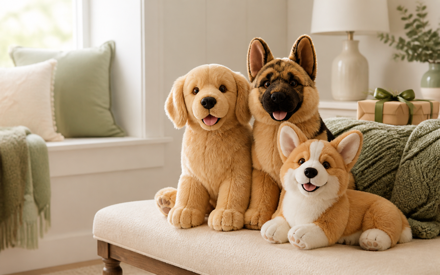 A collection of lifelike ready-made dog stuffed animals in a warm living room