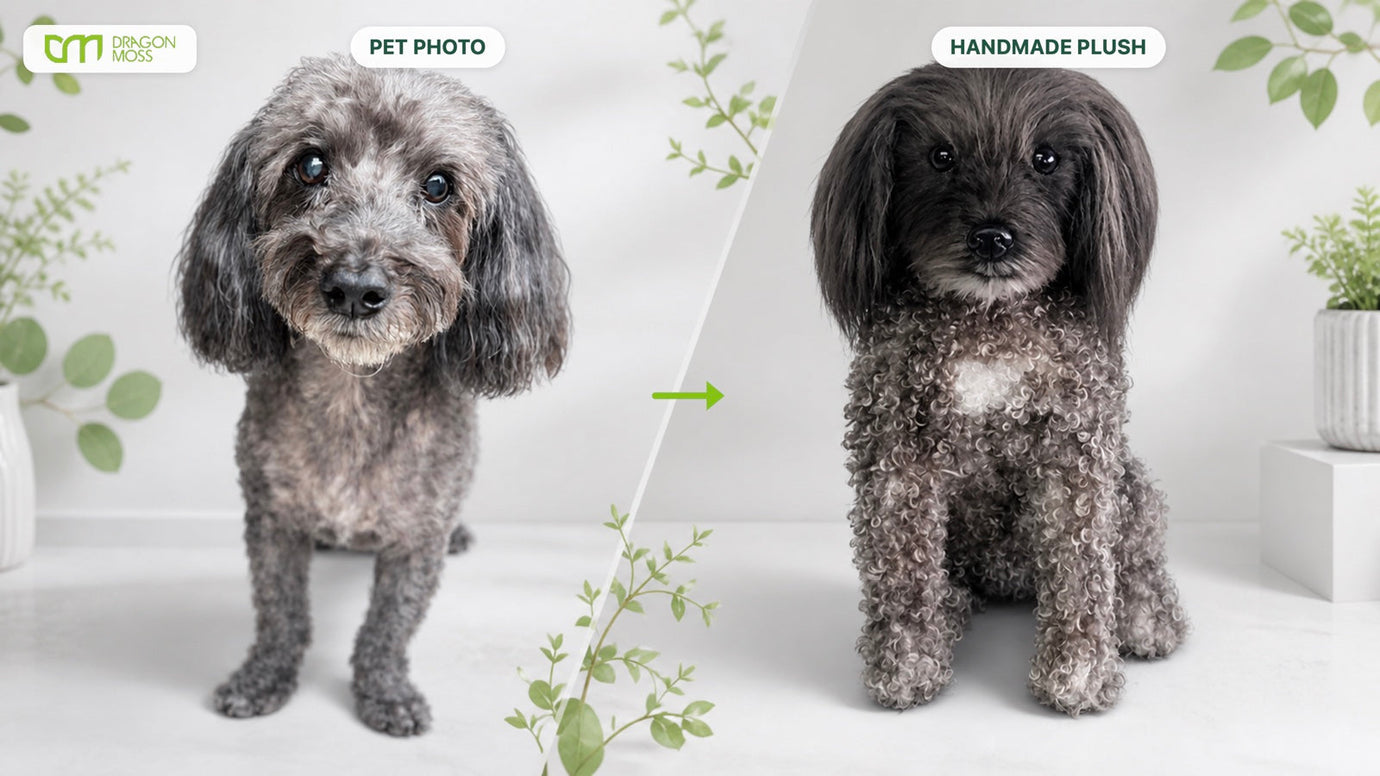 DragonMoss pet photo and handmade plush comparison showing the direct maker process