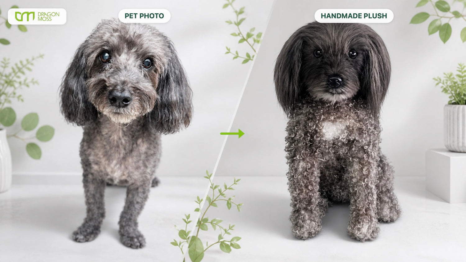 DragonMoss pet photo and handmade plush comparison showing the direct maker process