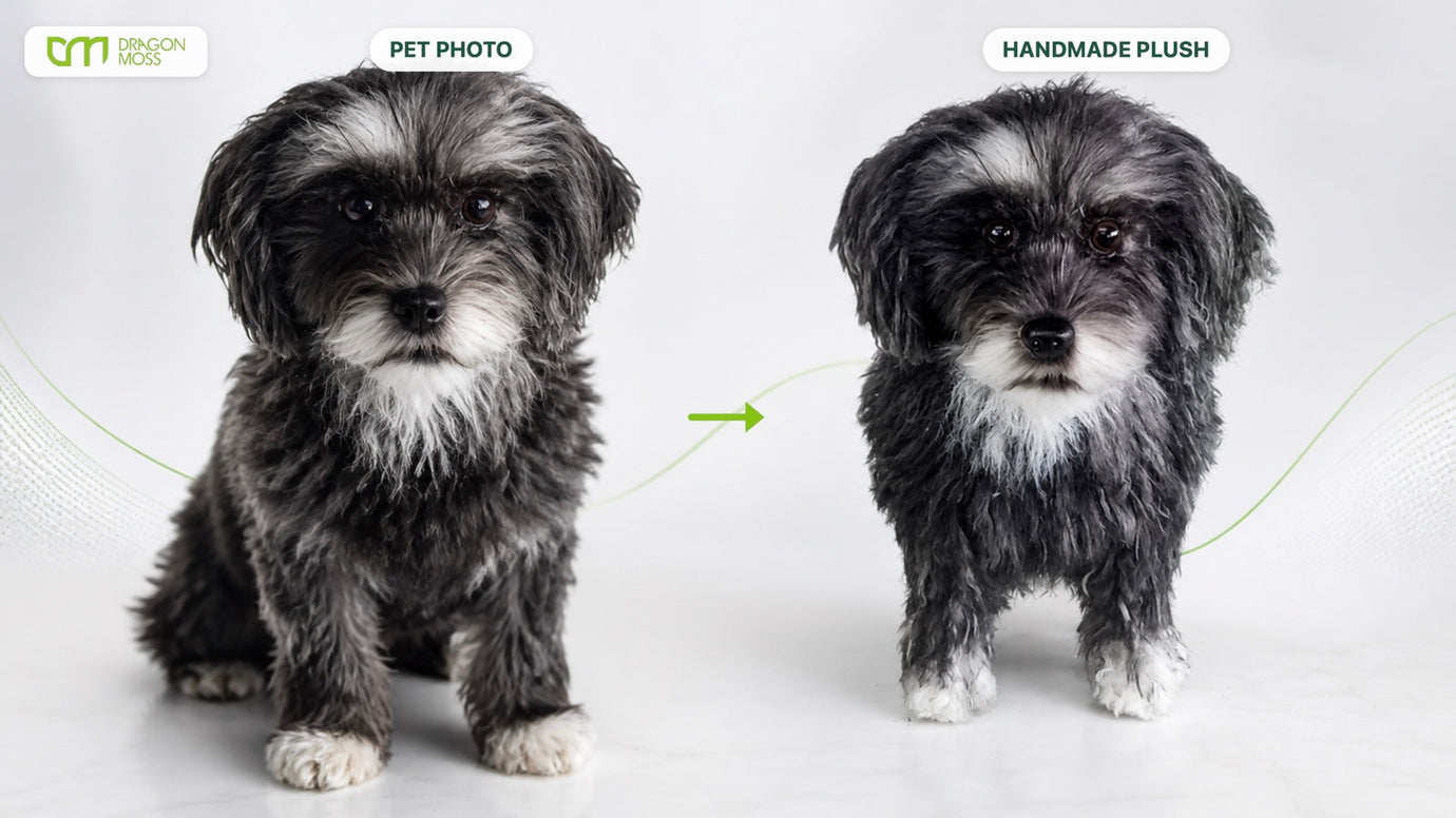 Pet photo and handmade plush comparison highlighting recognizable likeness details