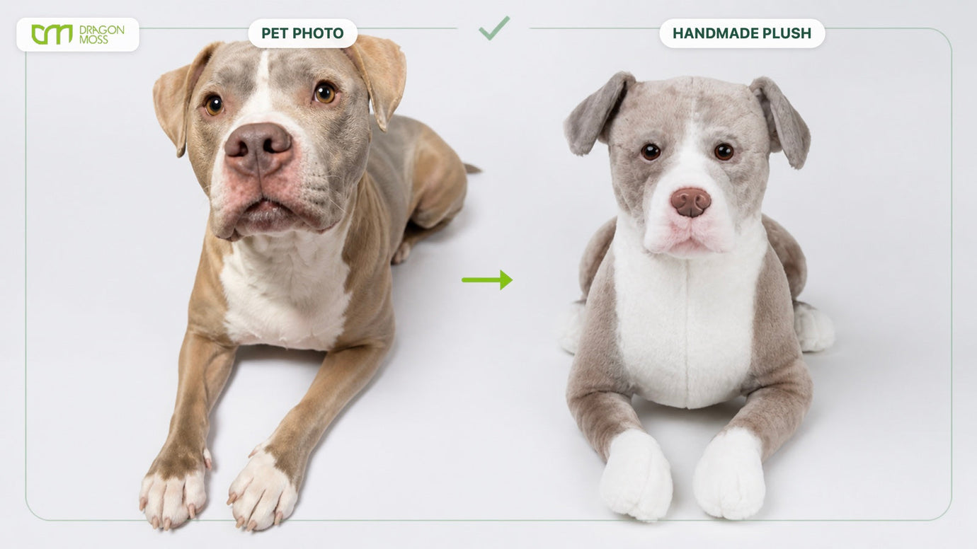 Pet photo and finished handmade plush prepared for DragonMoss pre-shipping preview