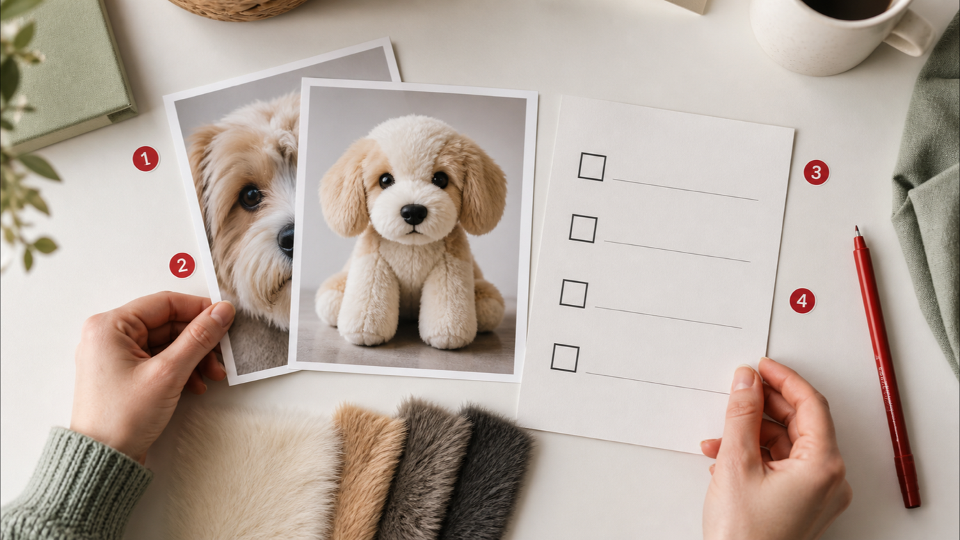 Hands organizing pet reference and plush preview photos beside a concise revision checklist