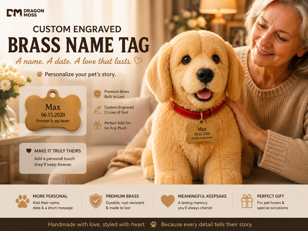 Personalized brass bone-shaped pet name tag shown on a DragonMoss plush keepsake
