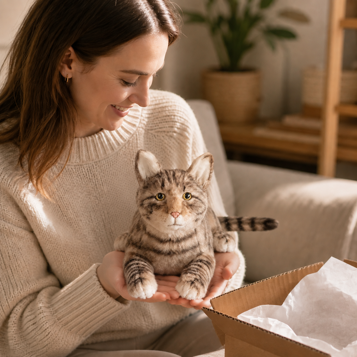 Ready-Made Brown Cat Plush - gift scene