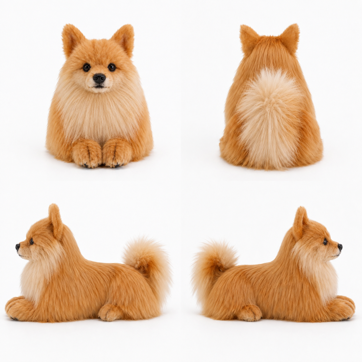 Ready-Made Pomeranian Plush - front, back and side views