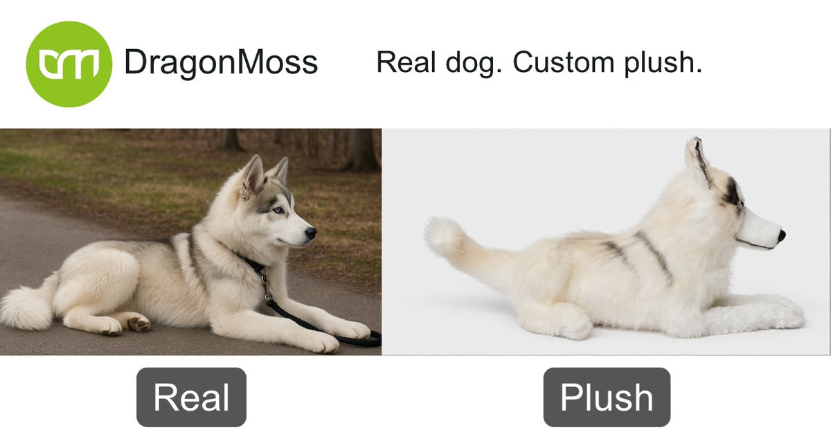 HugTwin photo-to-plush comparison: a grey-and-white husky and its full-body custom plush lying down.