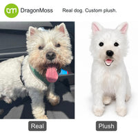 HugTwin photo-to-plush comparison: a West Highland white terrier beside its custom dog plush.