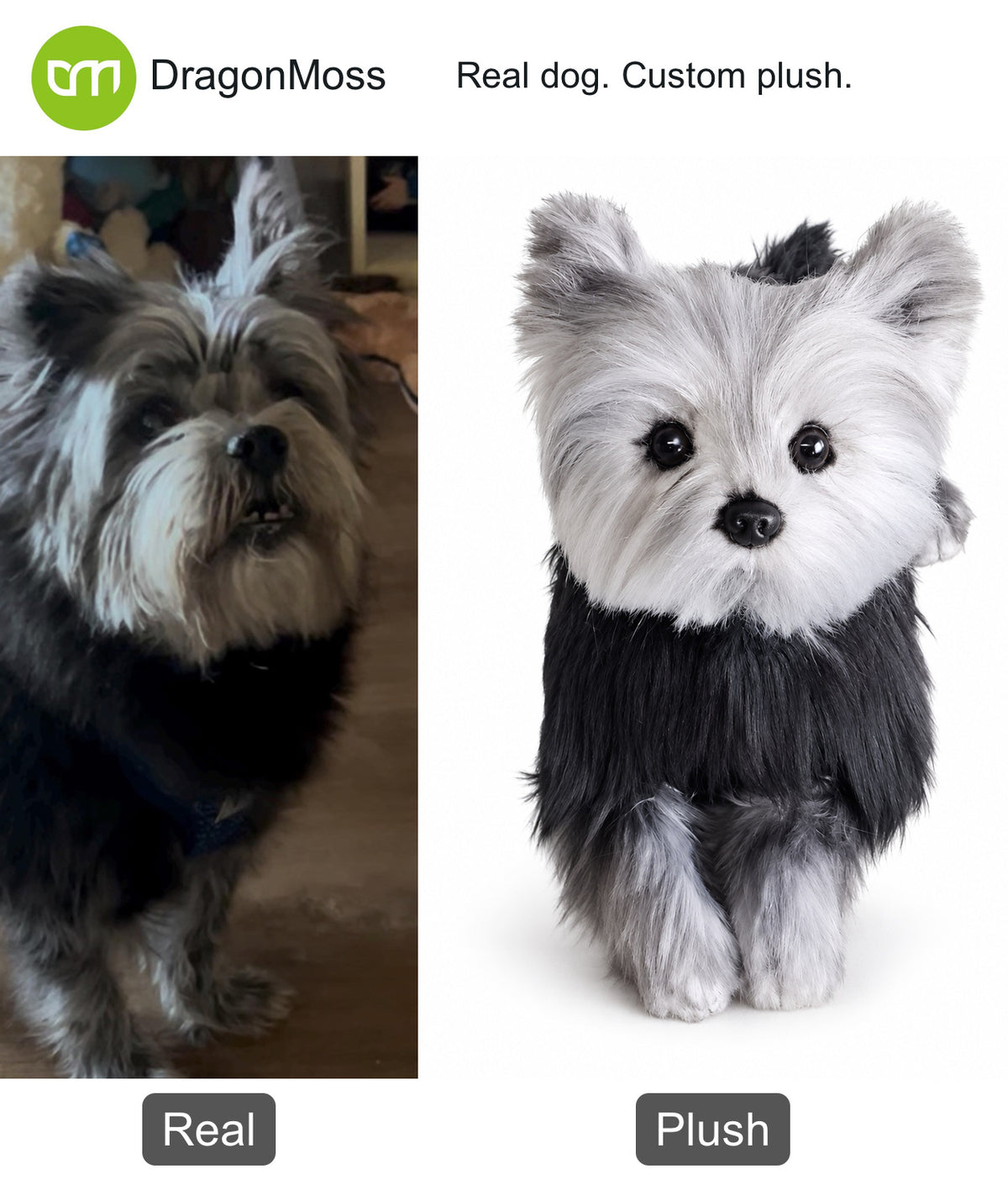 HugTwin photo-to-plush comparison: a Yorkshire terrier beside its full-body custom dog plush.