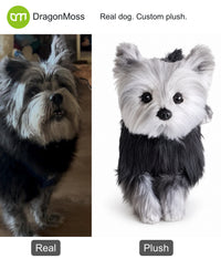 HugTwin photo-to-plush comparison: a Yorkshire terrier beside its full-body custom dog plush.