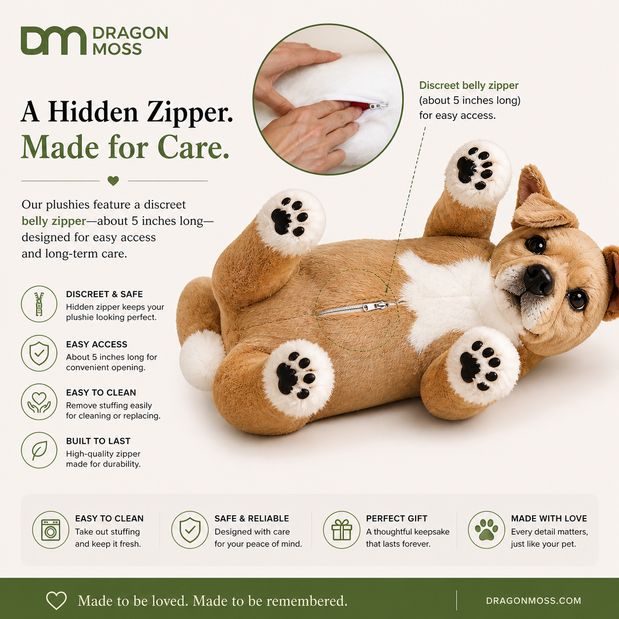 Hidden zipper bag sewn into the belly of a DragonMoss HugTwin custom pet plush
