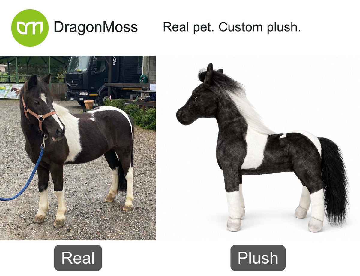 HugTwin photo-to-plush comparison: a black-and-white horse beside its standing custom horse plush.