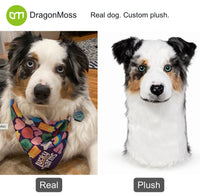 PawCaddie photo comparison: an Australian shepherd beside a matching custom dog golf headcover.