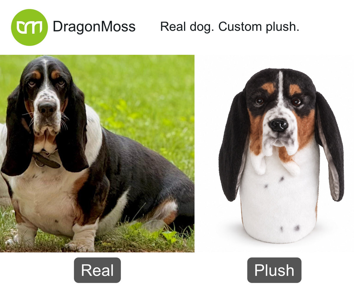 PawCaddie photo comparison: a basset hound beside a matching custom dog golf headcover with long ears.