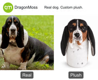 PawCaddie photo comparison: a basset hound beside a matching custom dog golf headcover with long ears.