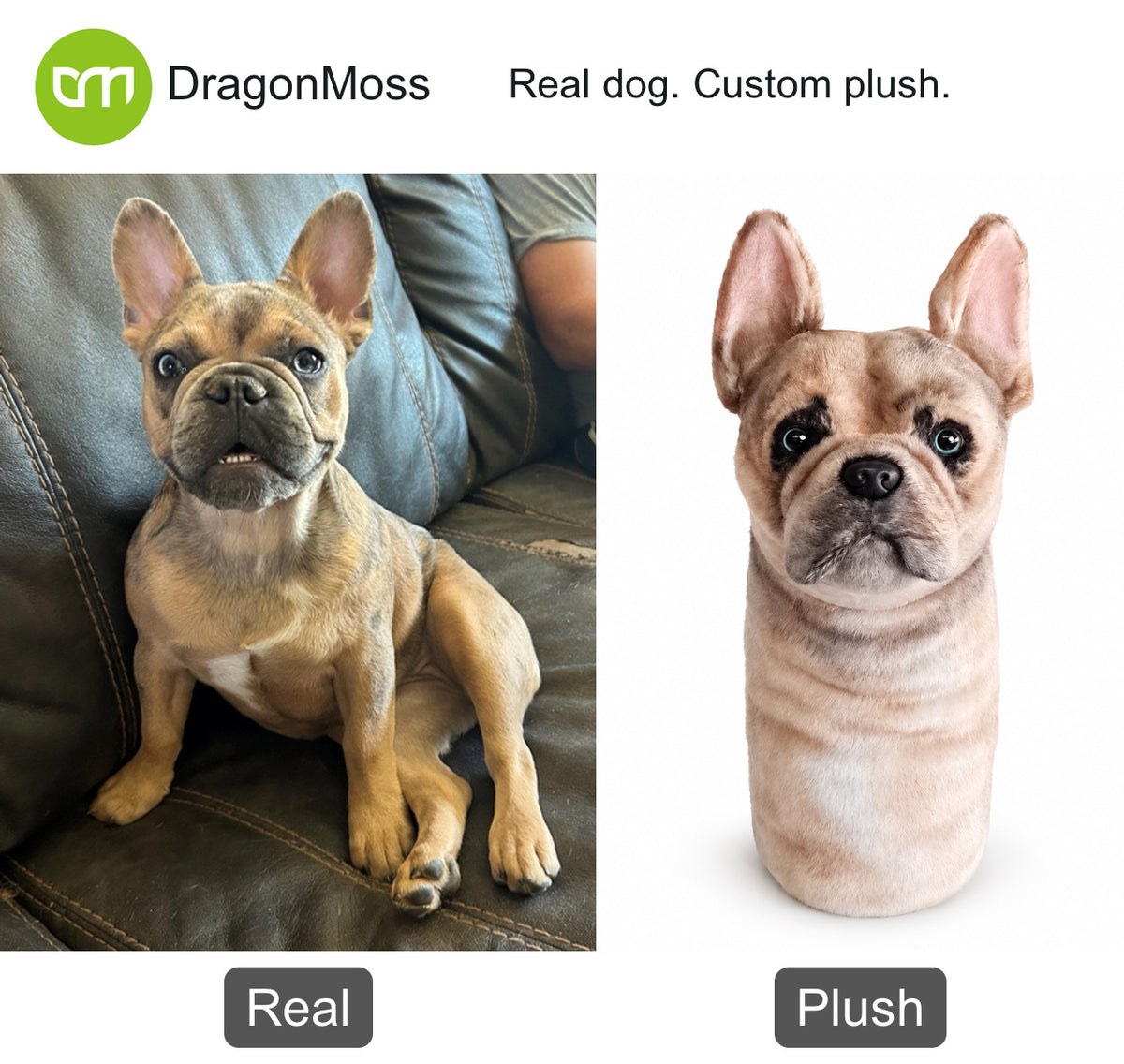 PawCaddie photo comparison: a French bulldog beside a matching custom dog golf headcover.