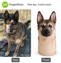 PawCaddie photo comparison: a German shepherd beside a matching custom dog golf headcover.