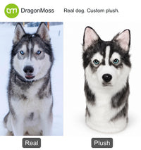 PawCaddie photo comparison: a grey-and-white husky beside a matching custom dog golf headcover.