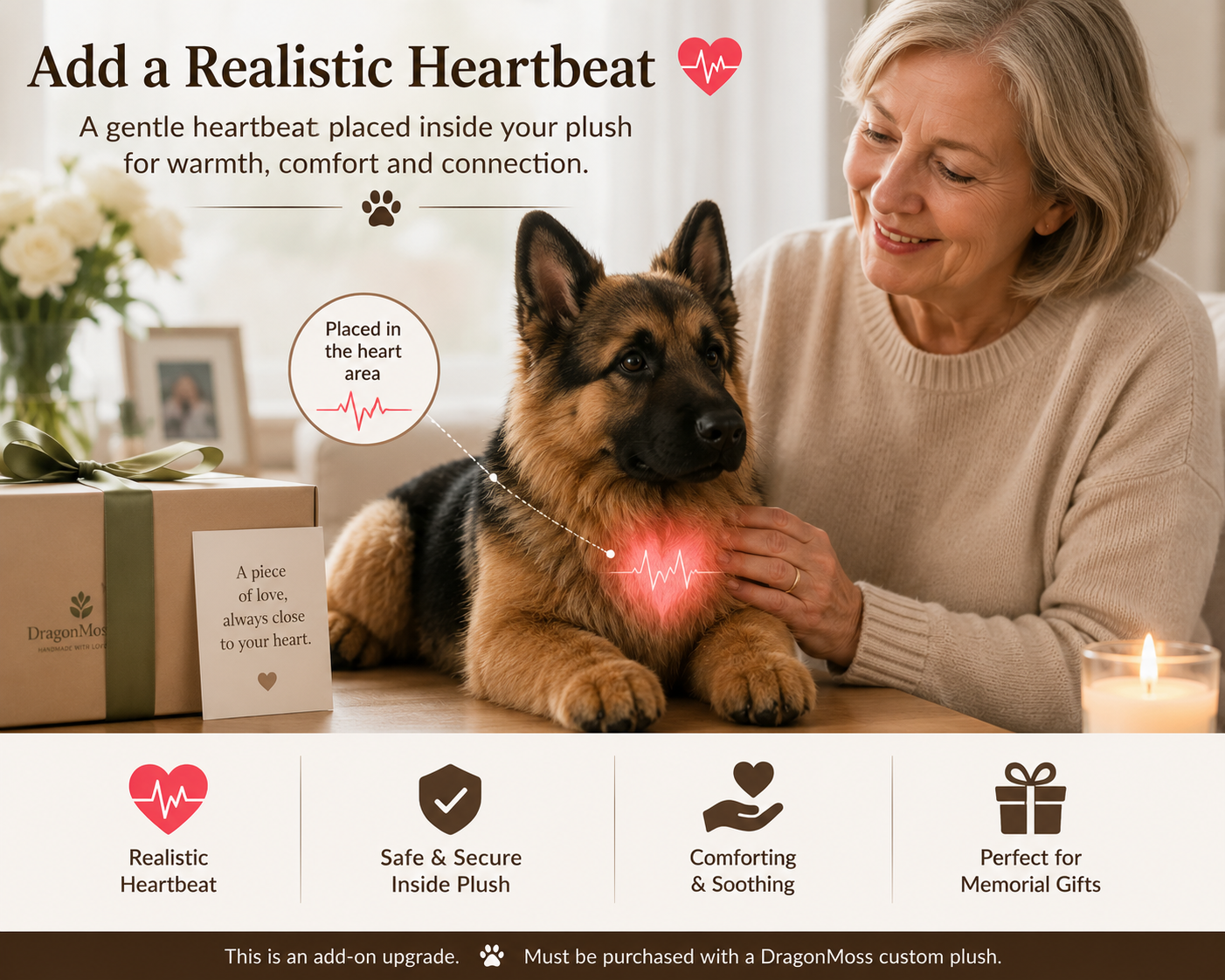 HugTwin heartbeat module add-on installed inside a custom pet plush