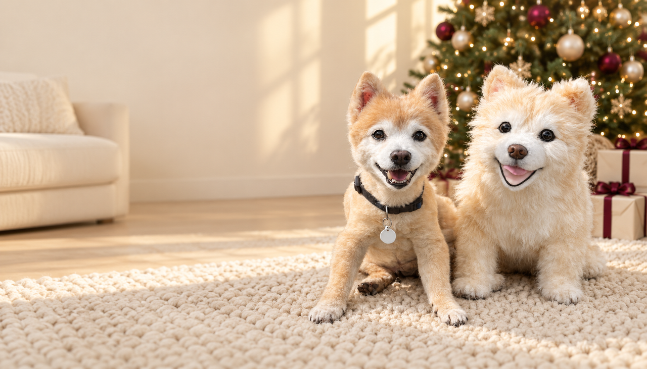 A pet dog beside its custom HugTwin plush in a Christmas living room.