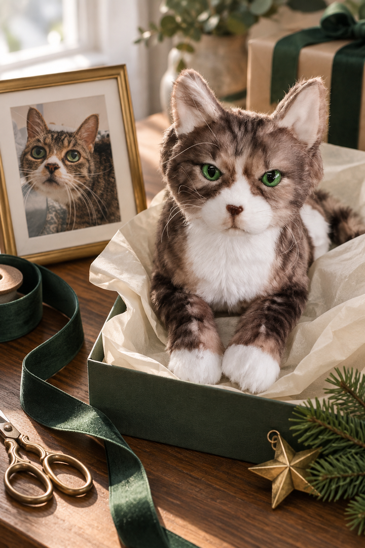 Custom tabby cat plush beside a pet portrait on a holiday gift-wrapping desk