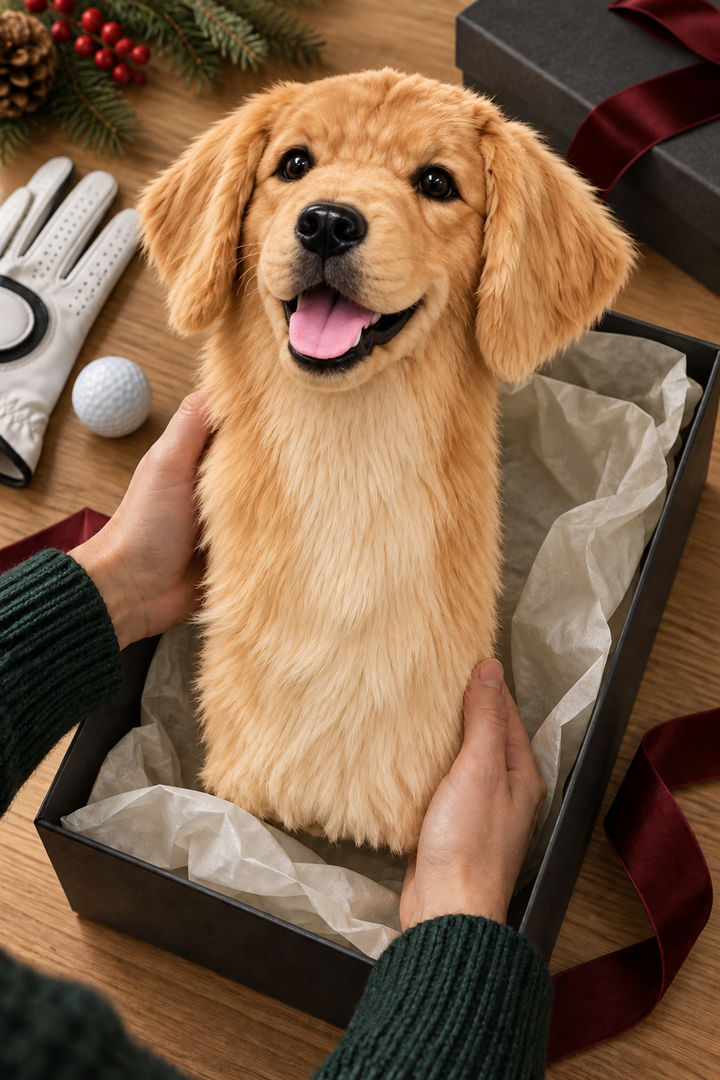 Mani srotolare un golden retriever golf copritesta da golf da una scatola regalo di Natale