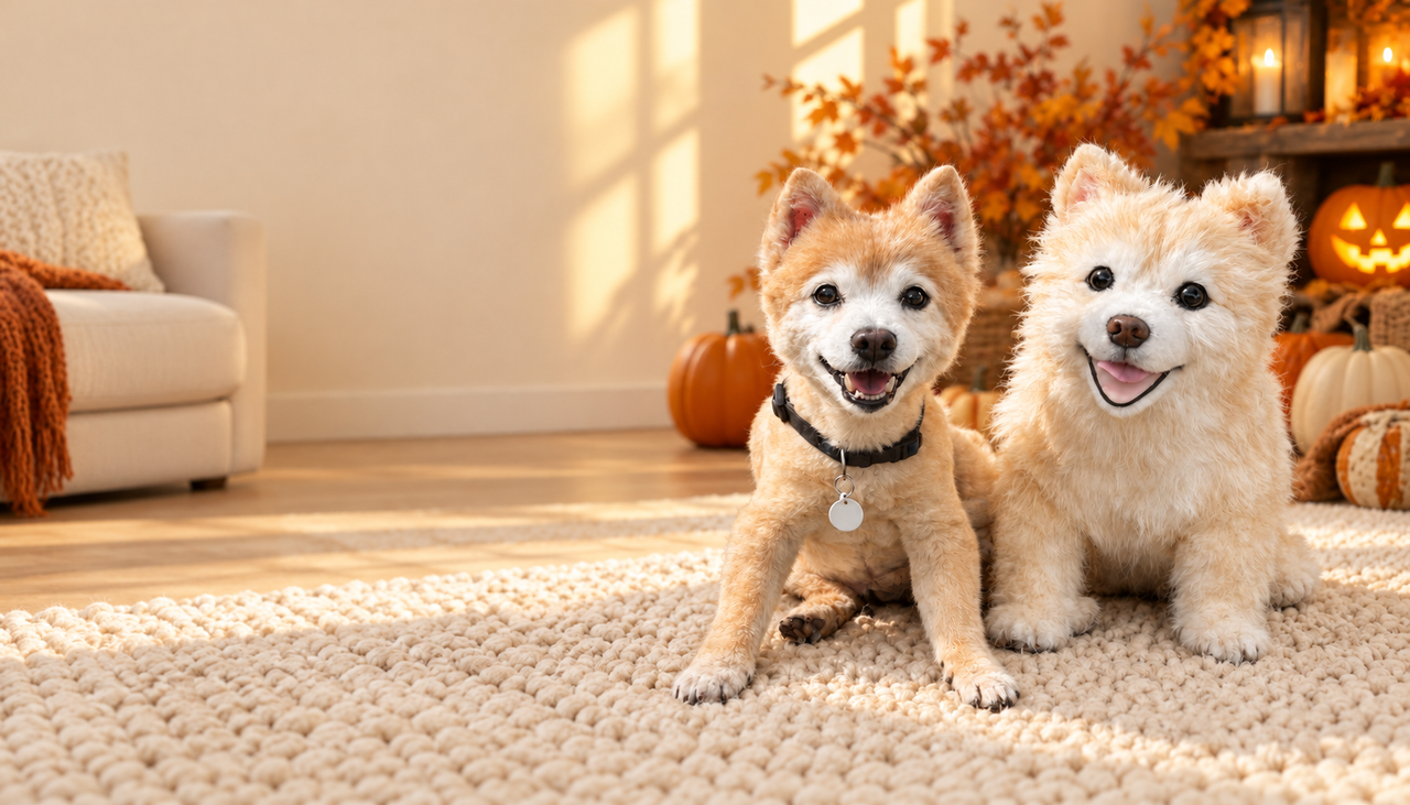 A dog beside a matching HugTwin plush with autumn pumpkins.