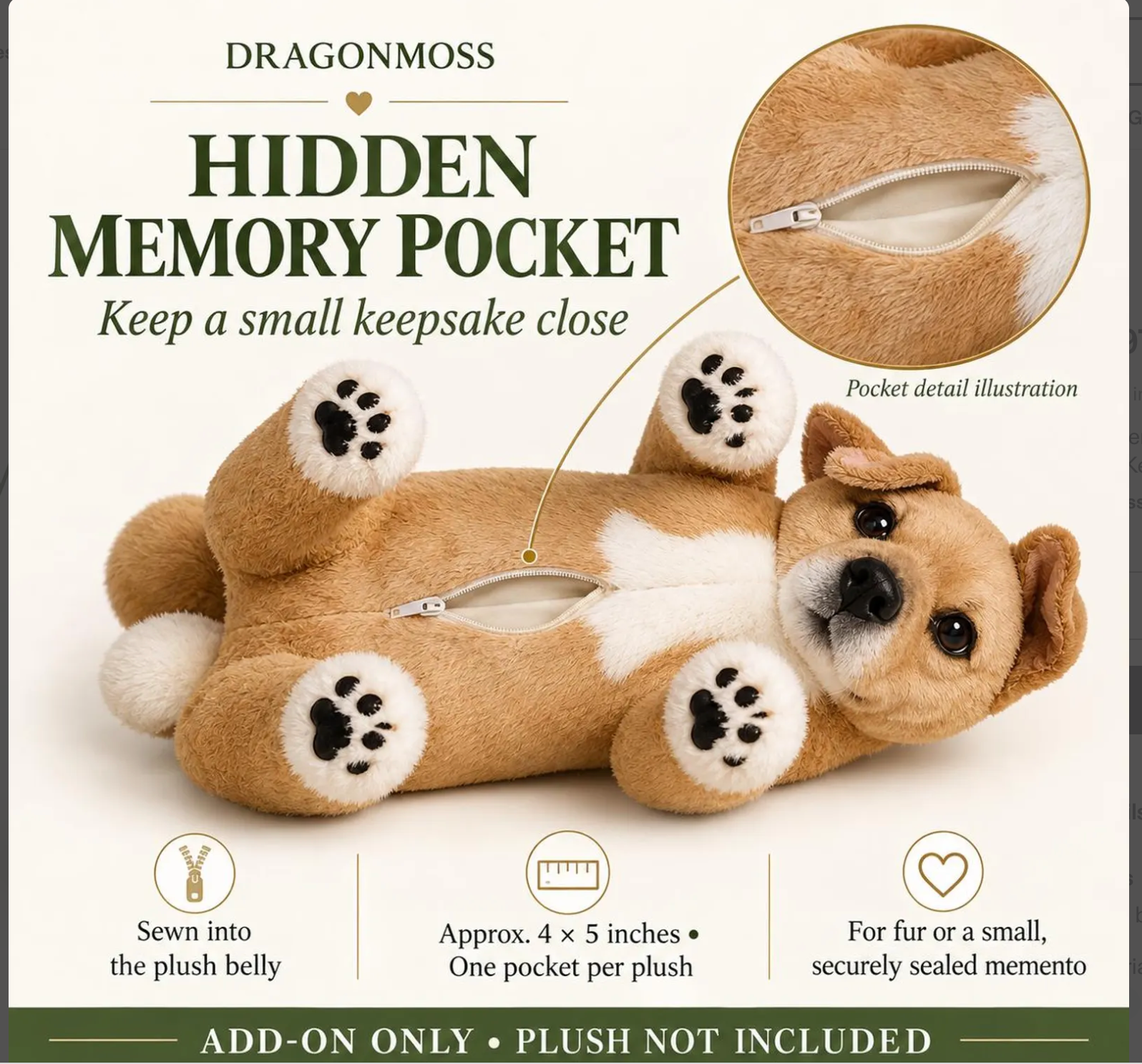 Hidden zipper bag sewn into a HugTwin custom pet plush