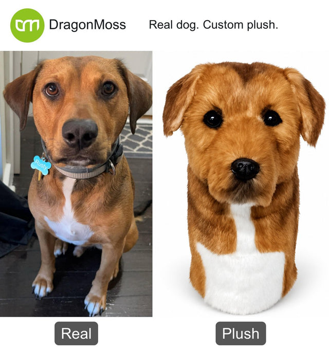 Dog photo beside a custom PawCaddie golf headcover, comparison 18