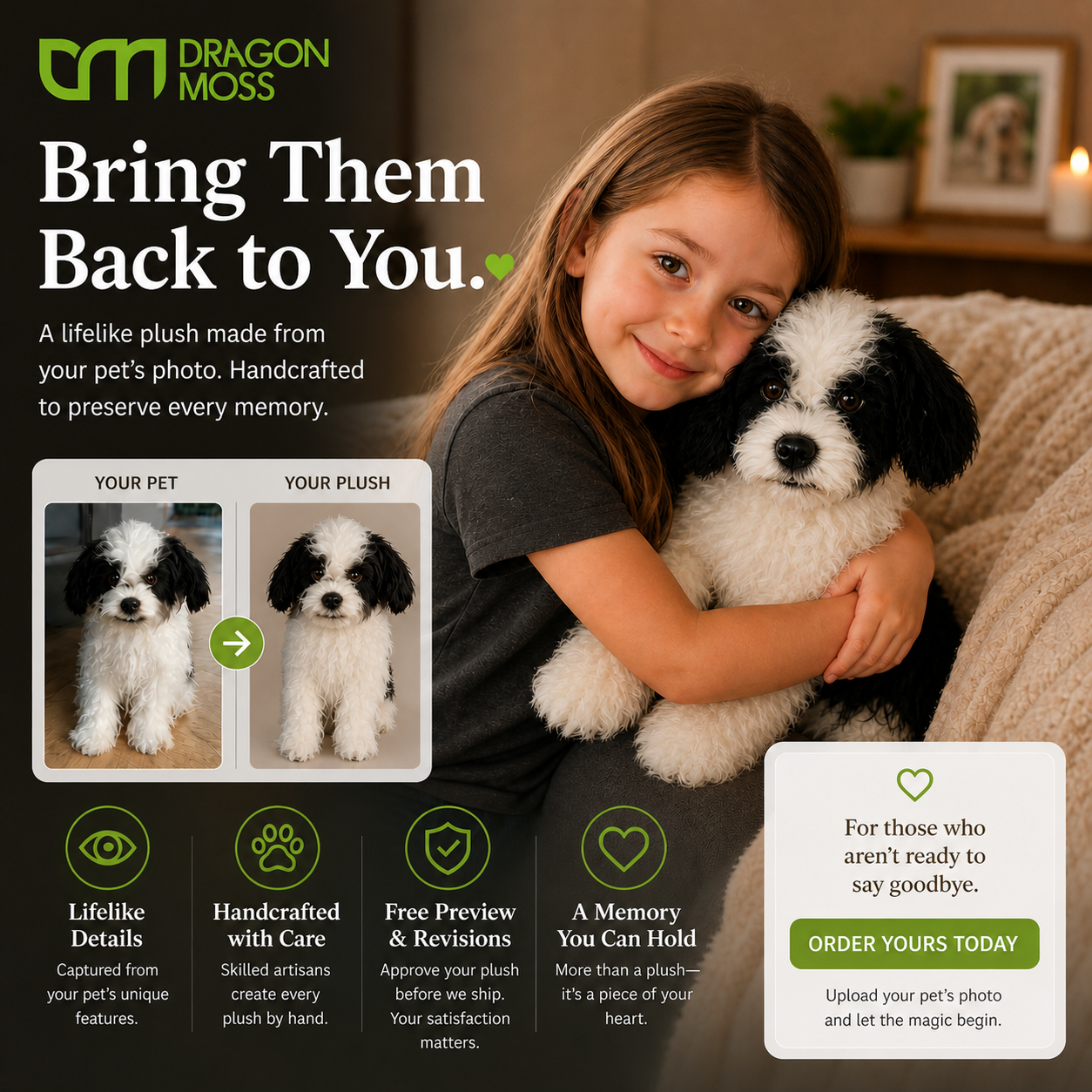 A child hugging a custom pet plush keepsake