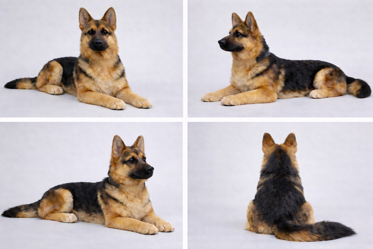 Finished German shepherd custom plush shown from front, side, and back angles