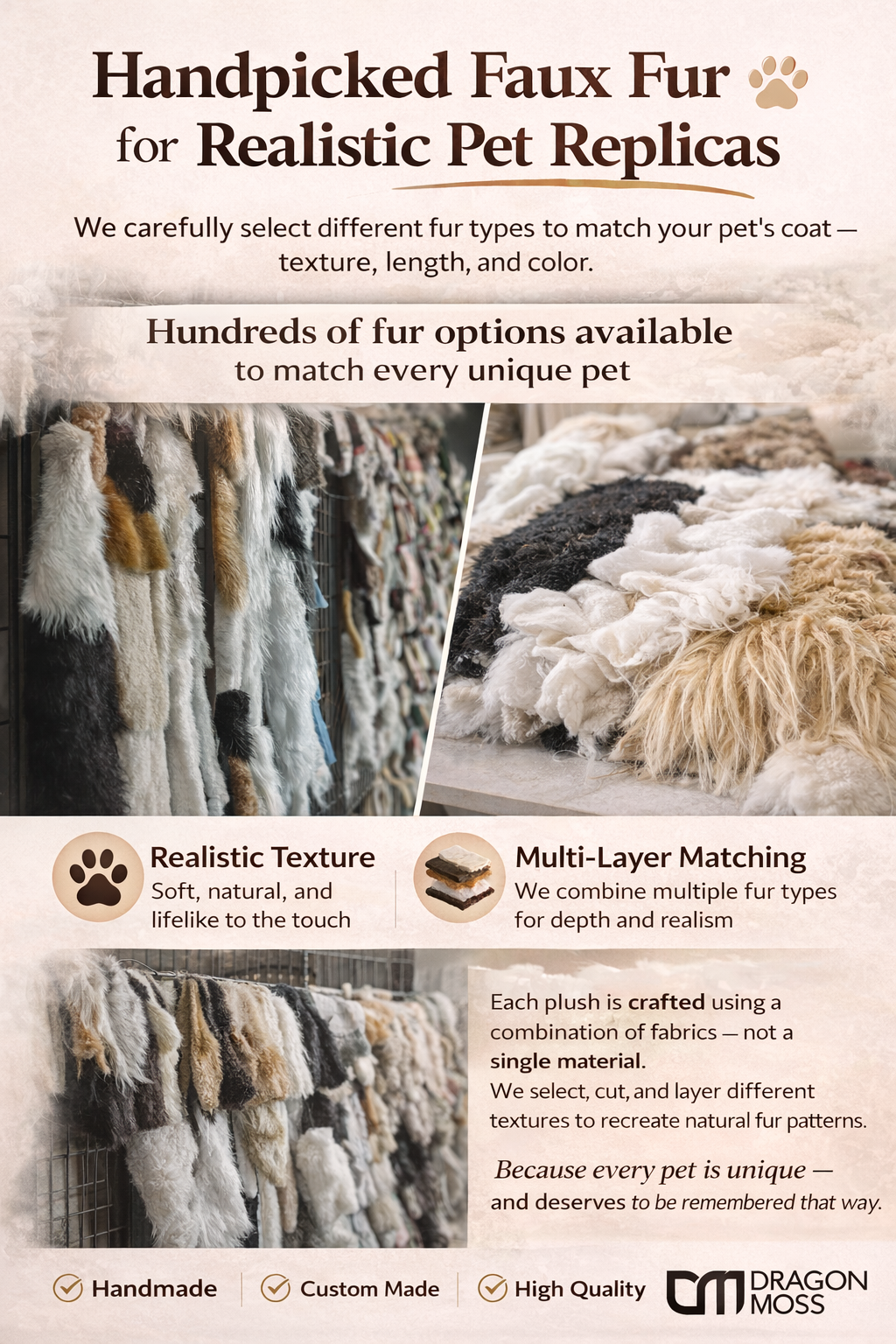 Handpicked faux fur for realistic pet replicas