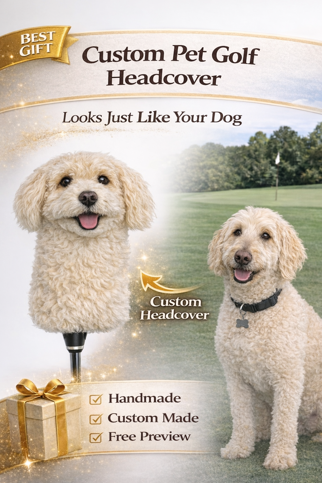 Custom dog golf headcover shown with clubs