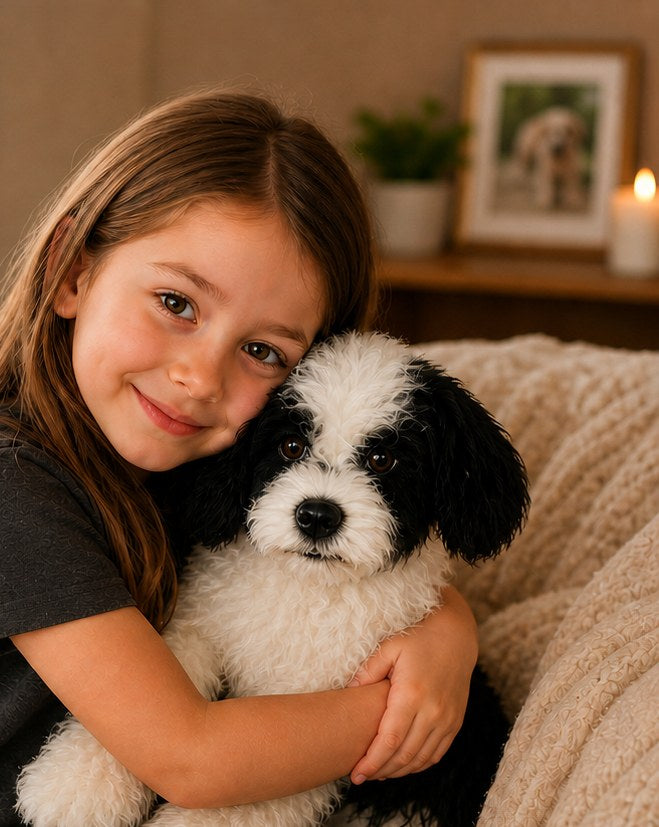 A girl hugging her lifelike custom pet plush
