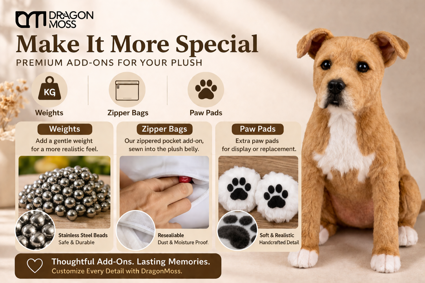 HugTwin add-ons including internal weight, hidden zipper pocket, and paw pads