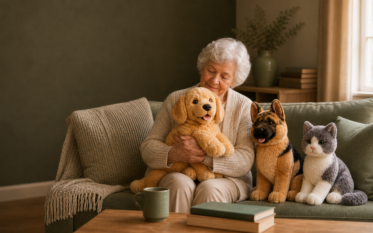 An older woman in a North American senior living lounge holding a golden retriever Companion plush beside German shepherd and cat plushes