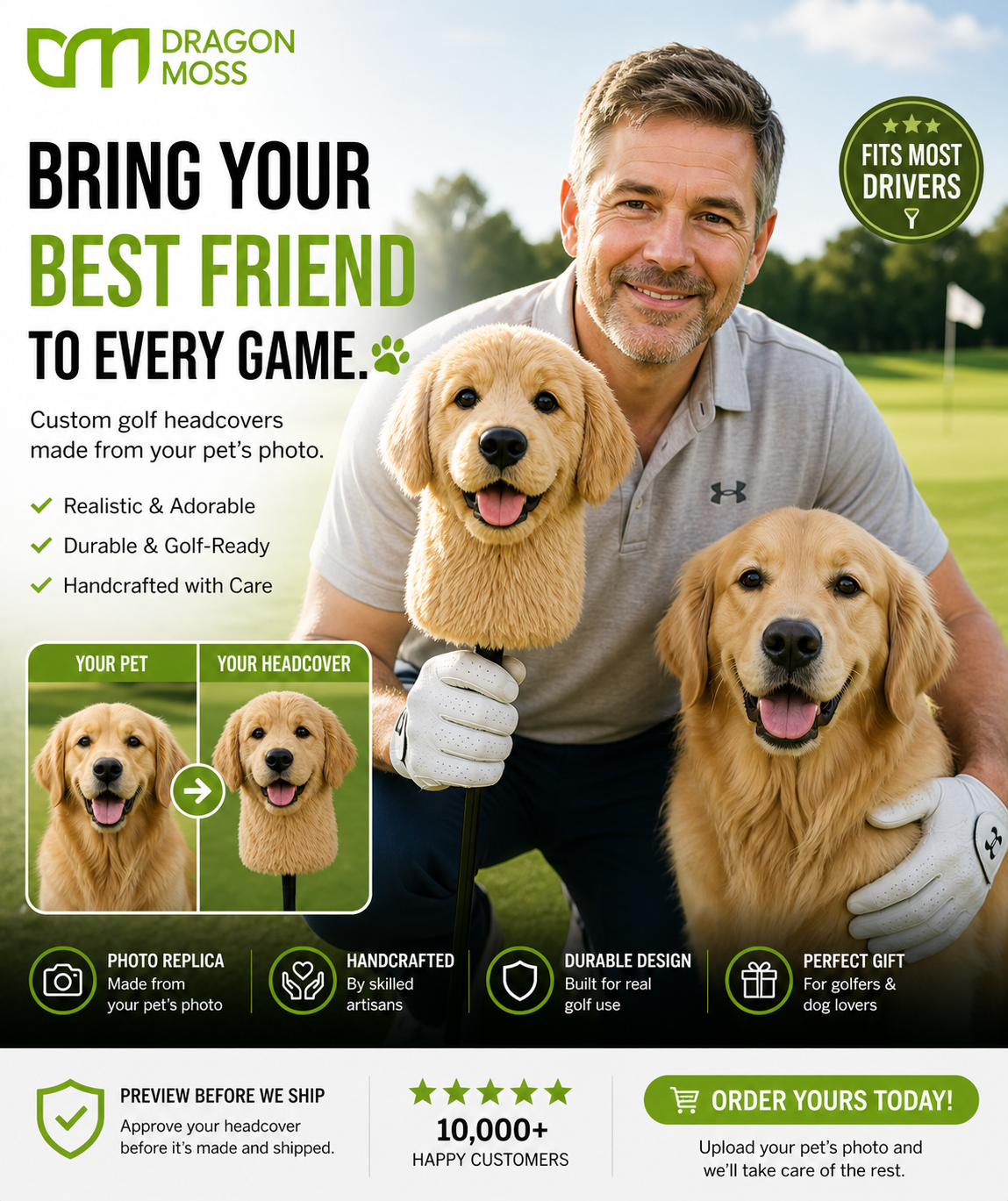 Golfer holding a Golden Retriever PawCaddie headcover beside his dog