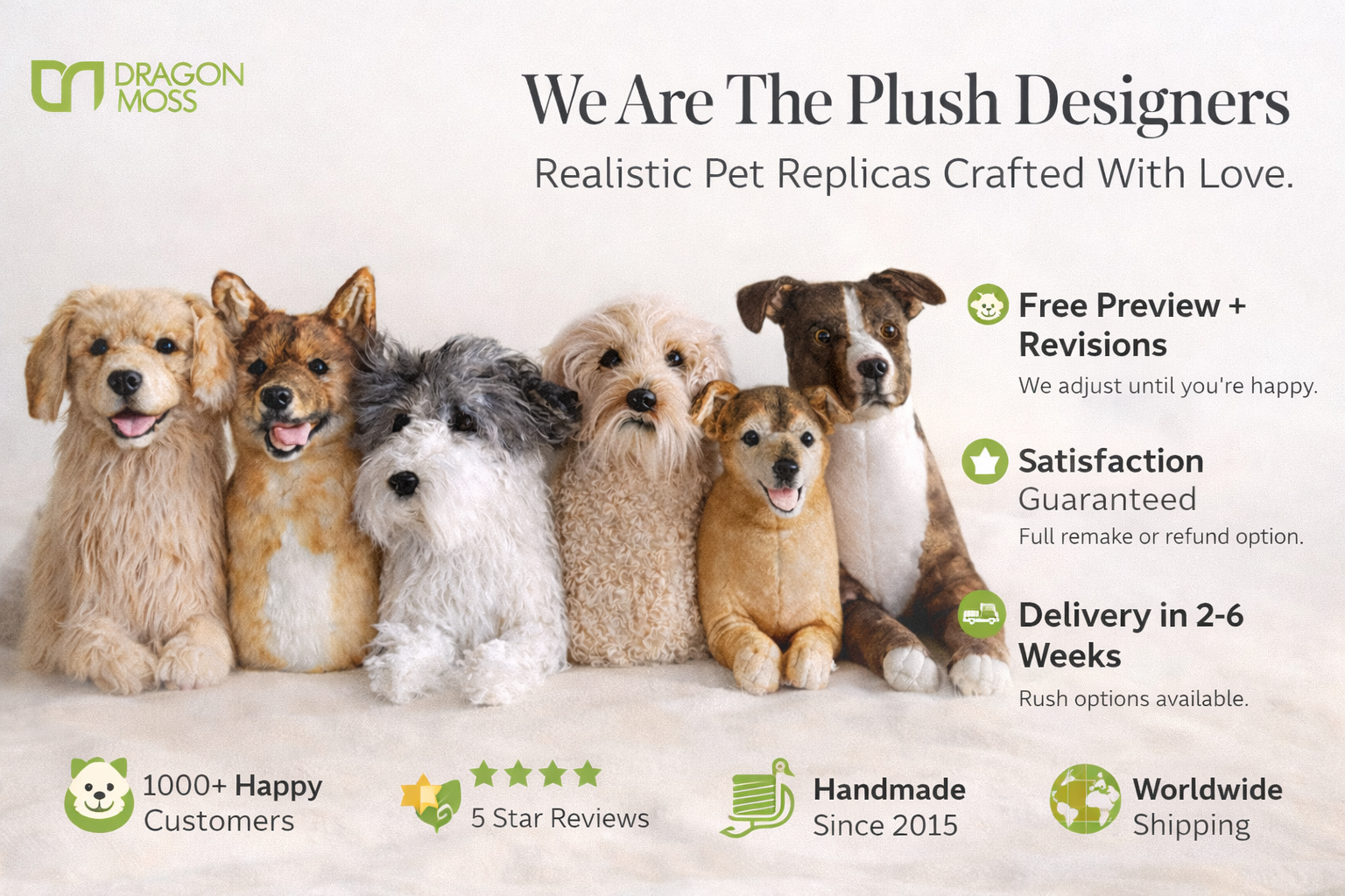 DragonMoss custom pet plush design team and handcrafted pet replicas