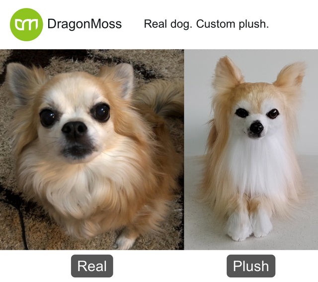 Dog photo beside a full-body custom plush, comparison 100