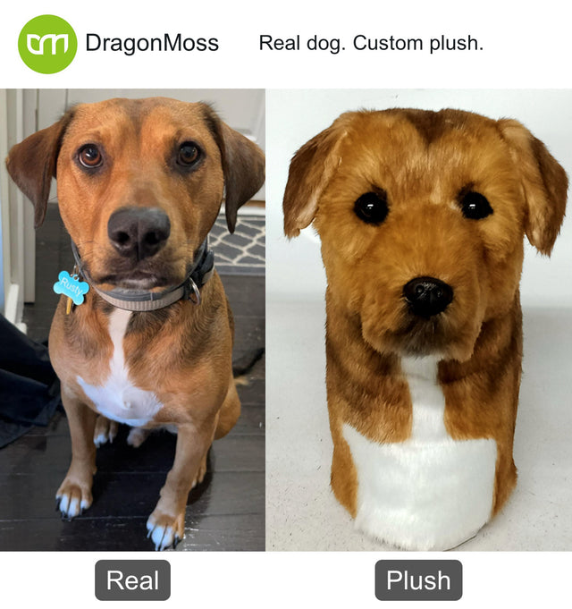 Dog photo beside a full-body custom plush, comparison 110