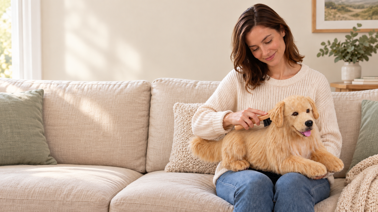 A woman gently brushes a Golden Retriever plush on a sofa.
